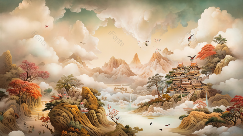 黄色复古国风古典山川湖泊河流植物风景插画,插画/手绘图,插画/手绘图库,插画/手绘图下载,插画/手绘